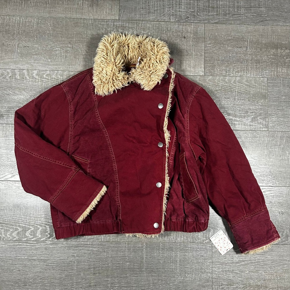Free People Owen Sherpa Denim Jacket Wine Burgundy Faux Fur Trim OB822073 Size M
